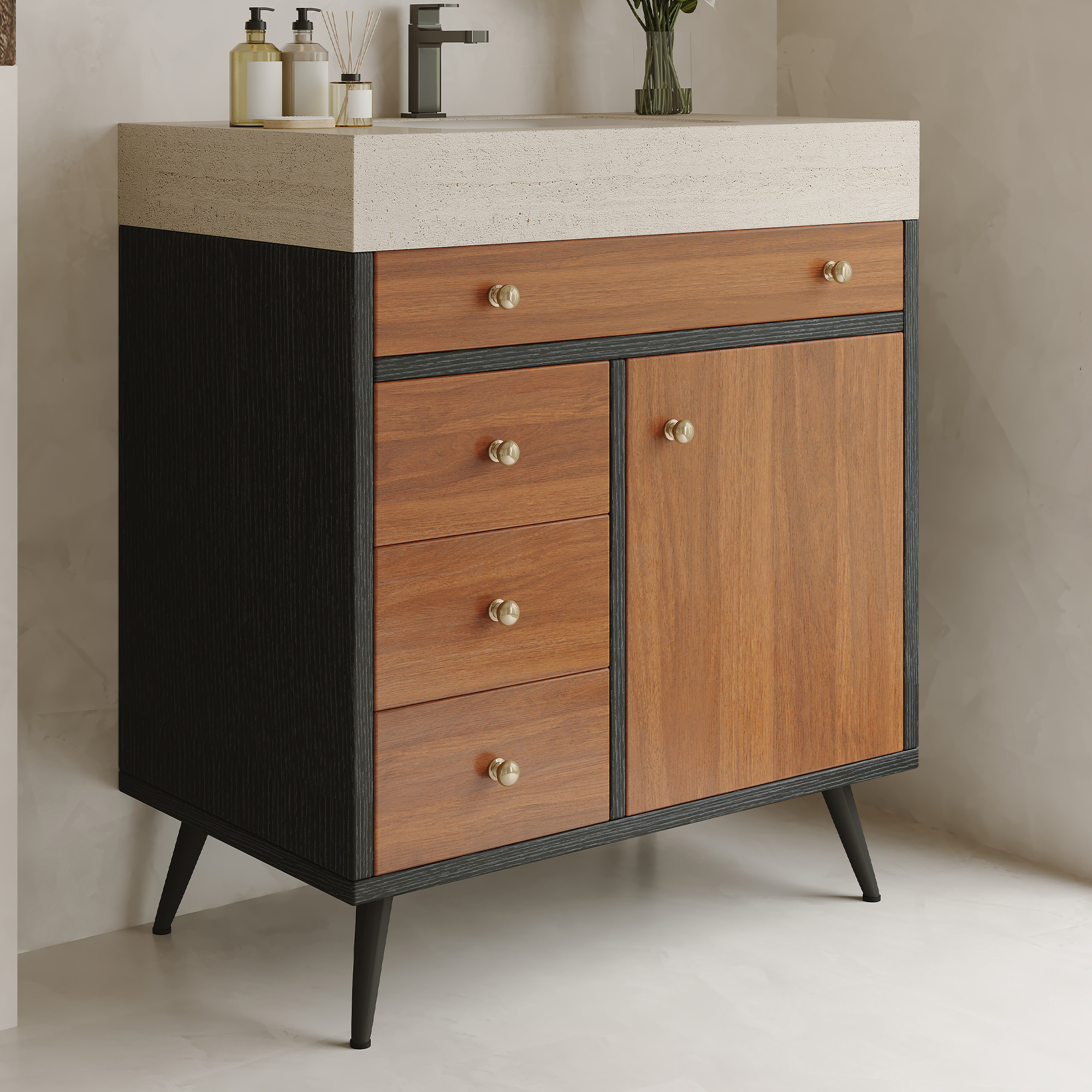 Modern Free-Standing Bathroom Vanity with Sintered Stone Top & Ceramic Sink, Mid-Century Walnut Cabinet with Soft-Close Drawers