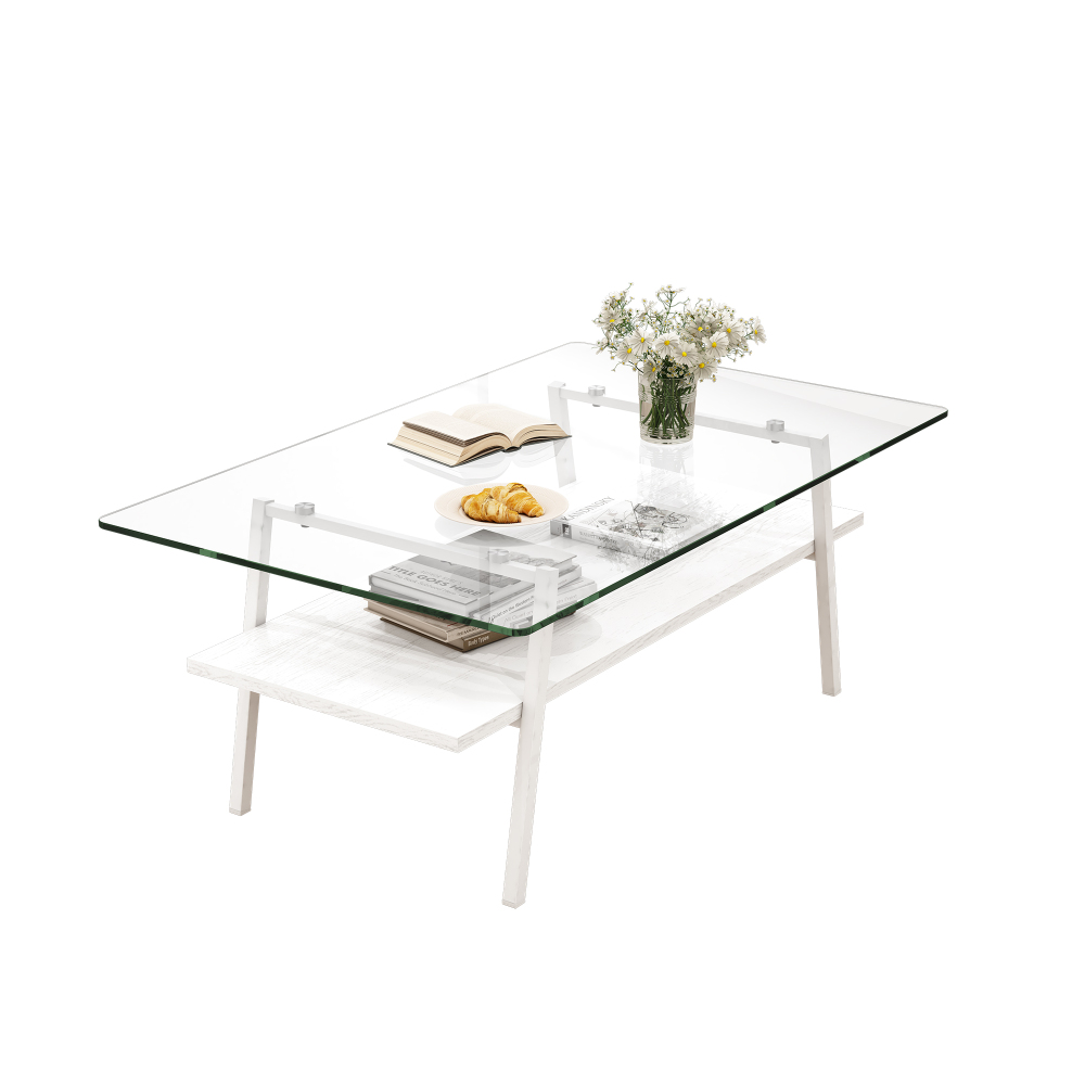 Modern Rectangle Coffee Table with Tempered Glass Top & White MDF Lower Shelf, Contemporary Living Room Center Table with Metal Legs