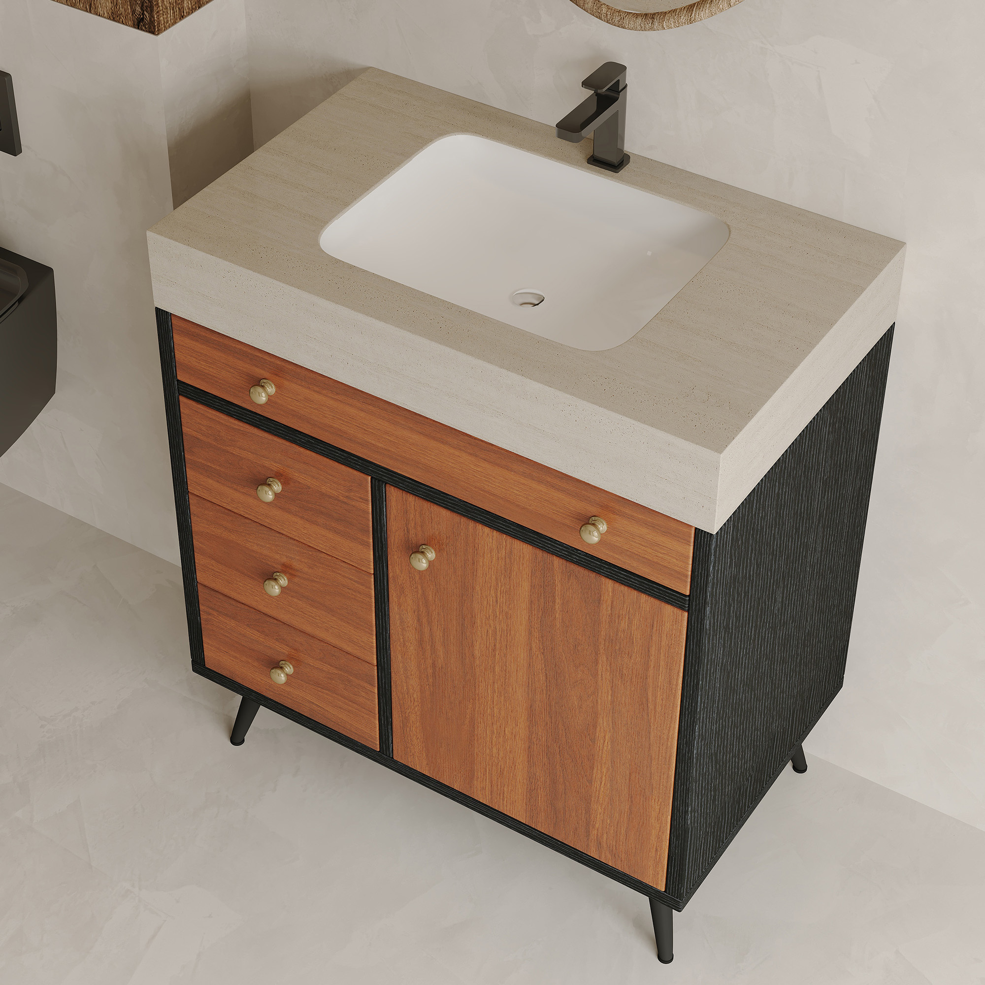 Modern Free-Standing Bathroom Vanity with Sintered Stone Top & Ceramic Sink, Mid-Century Walnut Cabinet with Soft-Close Drawers