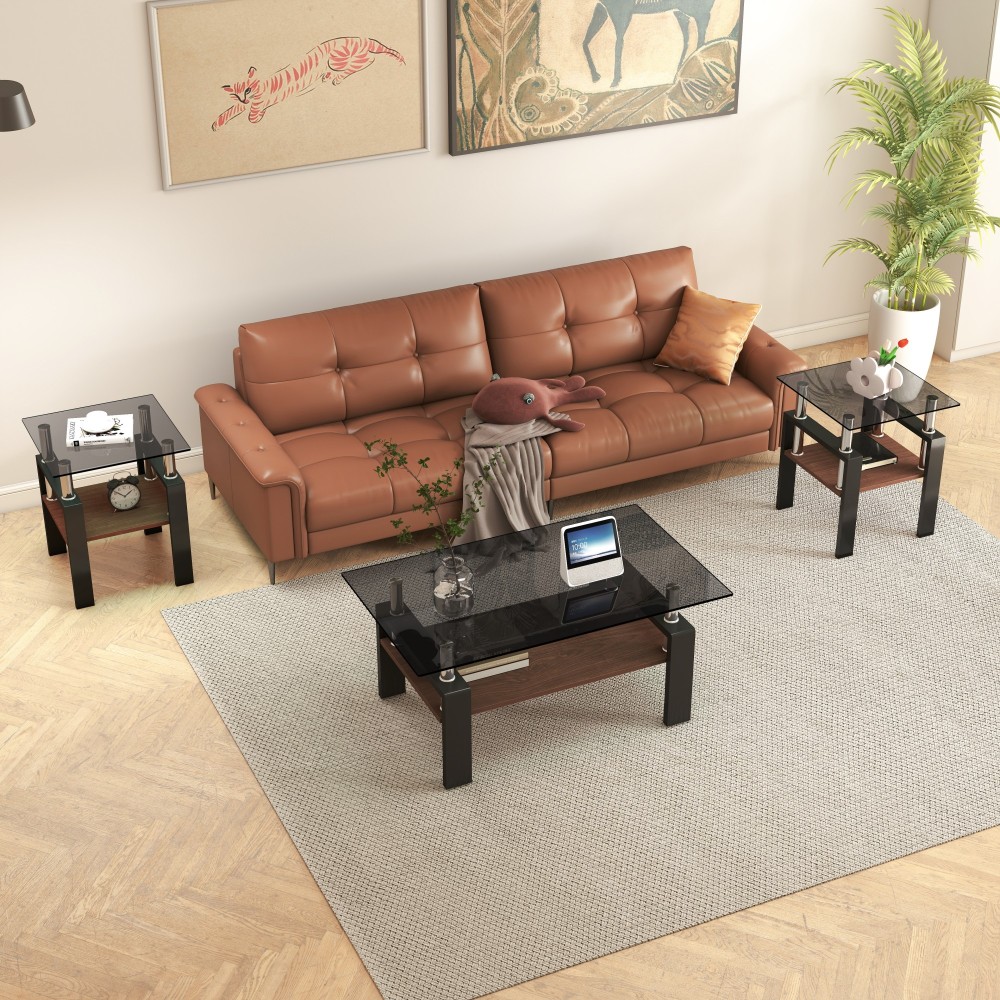 Set of 2 Modern Tempered Glass End Tables with MDF Shelf, Square Coffee Side Tables for Living Room