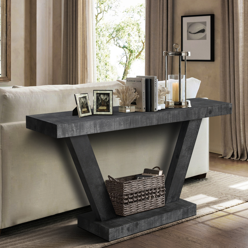 60" Rustic Farmhouse Console Table with Open Storage Shelf - Antique Black Distressed Wood Sofa Table for Entryway & Living Room