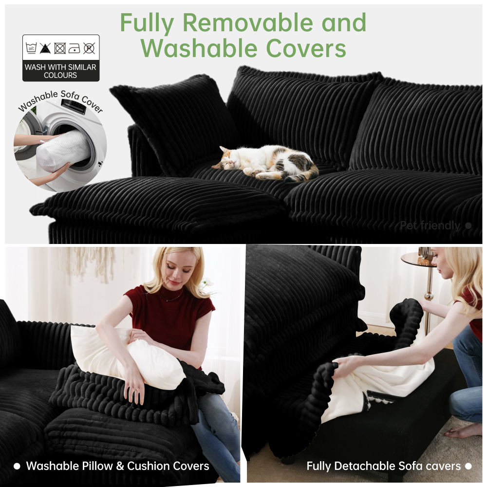 Oversized Modular Corduroy Sofa Set with 3 Ottomans - Black Convertible Sleeper Couch & Sectional