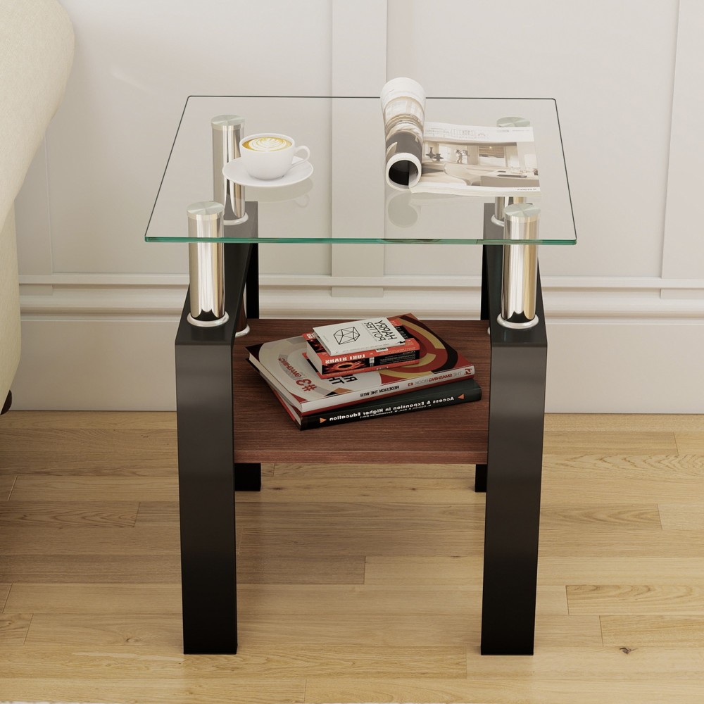 Set of 2 Modern Tempered Glass End Tables with Storage Shelf - Square Coffee Side Tables for Living Room