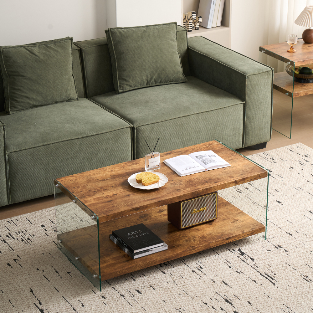 Modern Two-Tier Coffee Table with Tempered Glass Legs and Walnut Wood Top, Stylish Living Room Center Table