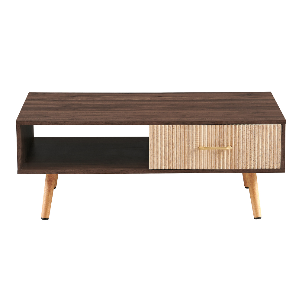 Mid-Century Modern Coffee Table with Sliding Storage Drawer, Walnut Finish Rectangular Living Room Accent Table with Solid Wood Legs