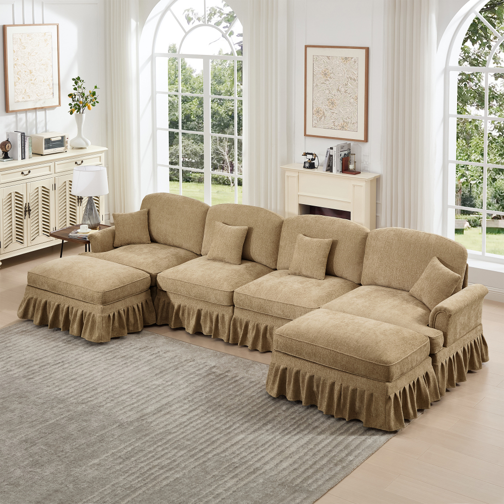 Classic U-Shaped Modular Sectional Sofa with Removable Ruffle Skirt, Deep Seat Chenille Couch with Flared Arms and Spindle Legs, Light Coffee