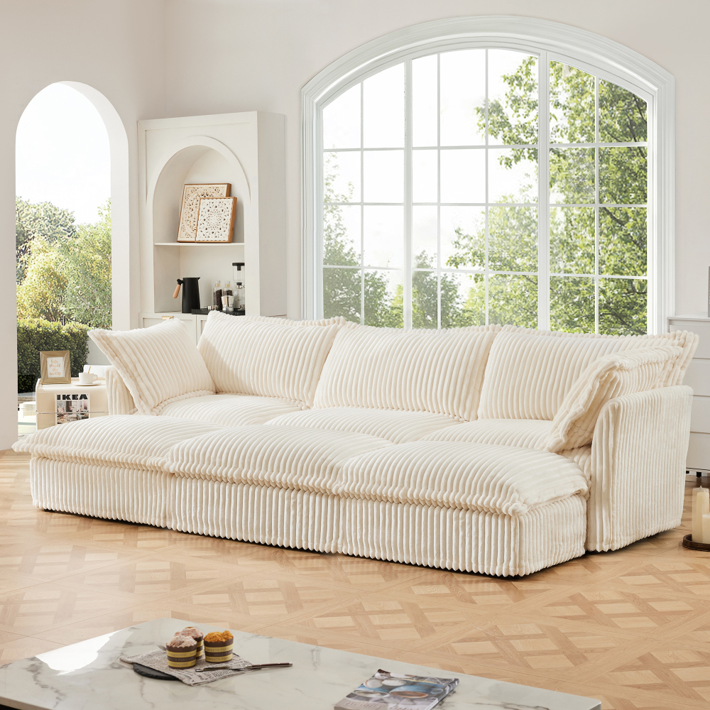 Oversized Corduroy Modular Sofa with 3 Ottomans, Cream Slipcovered 3-Seater Cloud Couch for Living Room