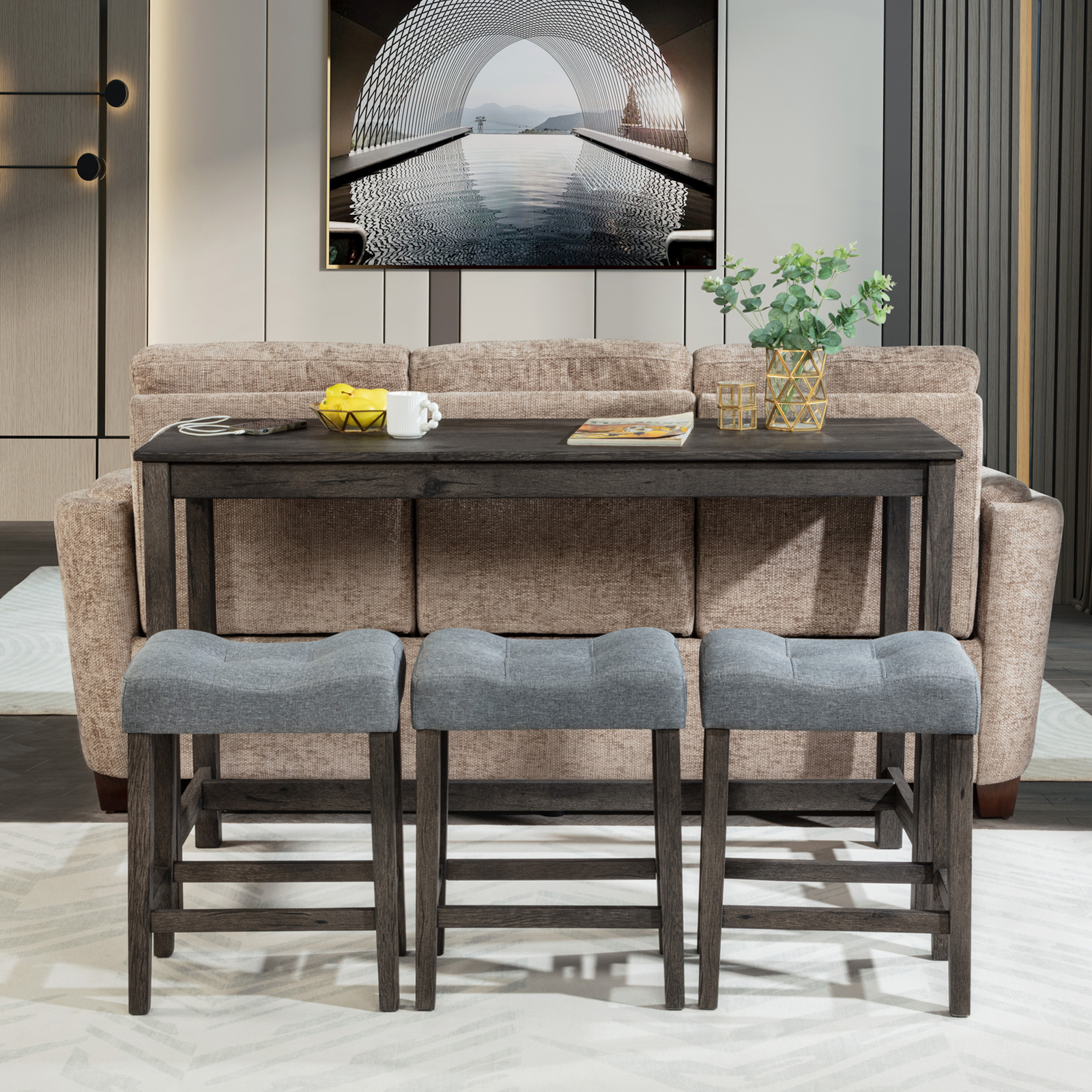Dark Gray 4-Piece Sofa Bar Table Set with Power Outlet & USB Ports - Behind Couch Console Table with 3 Upholstered Stools for Living Room