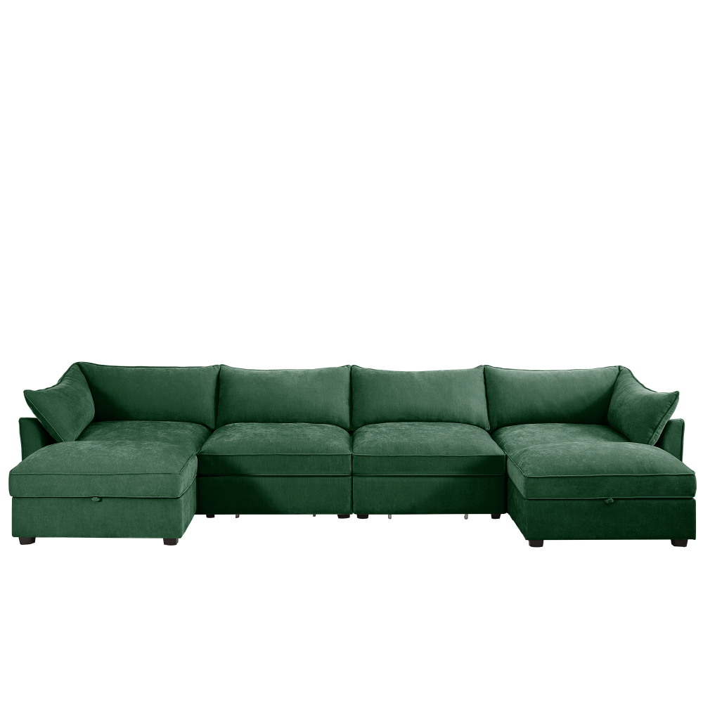 Green Chenille L-Shaped Sectional Sofa, 4-Seat Modular Couch with Movable Ottoman, Crescent Armrests & Wraparound Back Cushions for Living Room