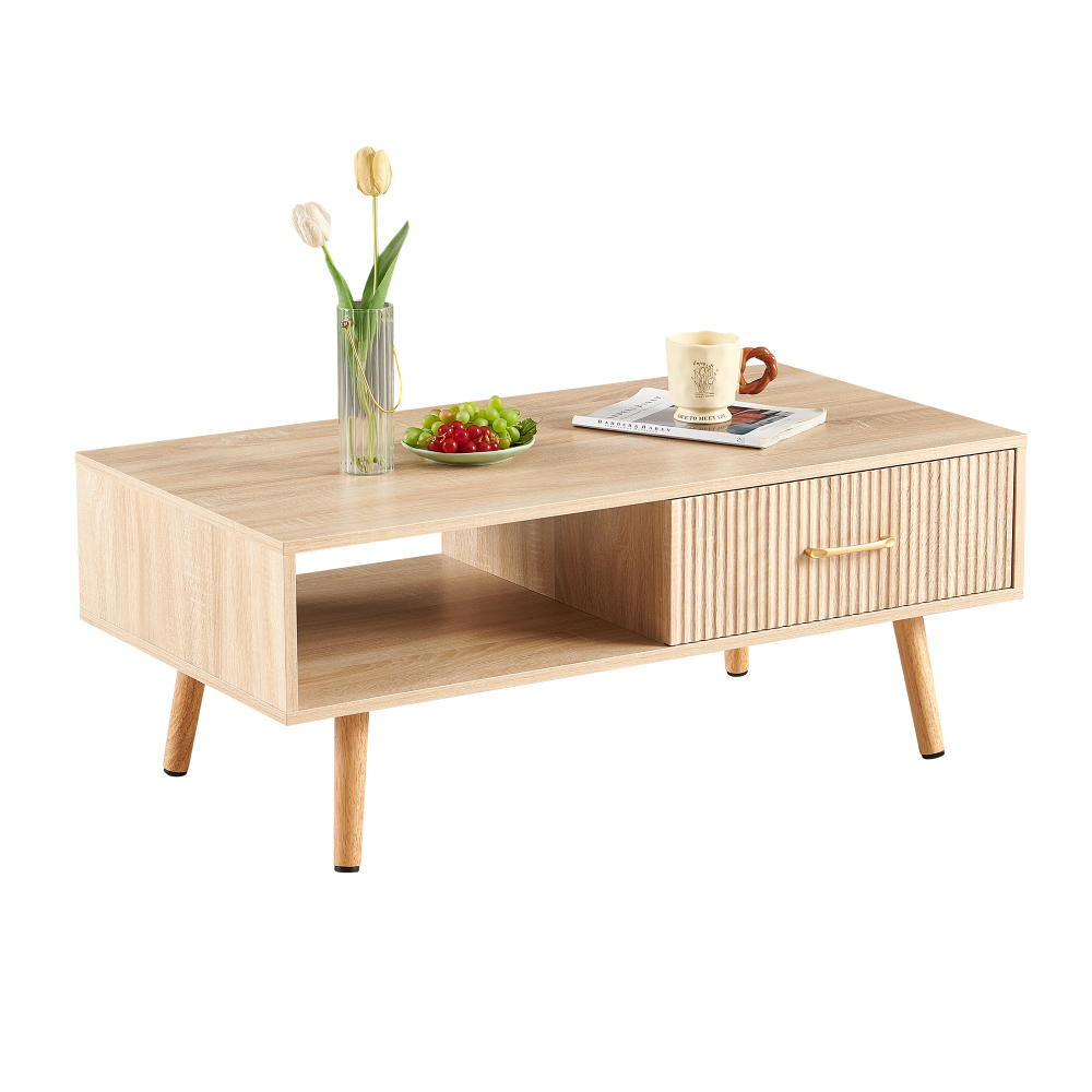 Modern Natural Wood Coffee Table with Sliding Storage Drawer & Solid Wood Legs for Living Room