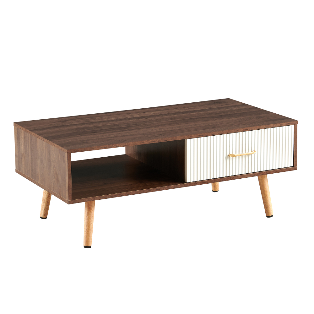 Mid-Century Modern Coffee Table with Sliding Drawer & Open Shelf Storage, Walnut Finish Rectangle Living Room Center Table with Solid Wood Legs