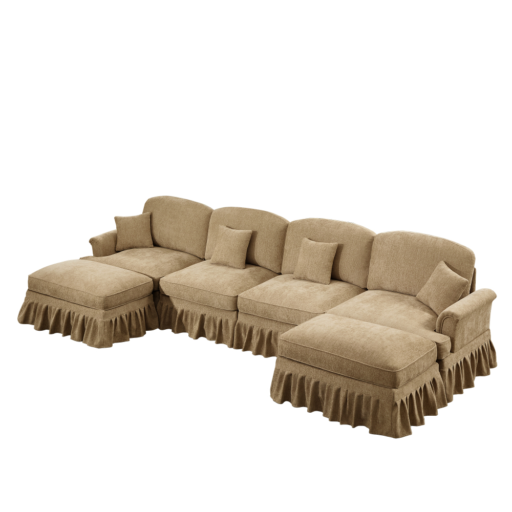 Classic U-Shaped Modular Sectional Sofa with Removable Ruffle Skirt, Deep Seat Chenille Couch with Flared Arms and Spindle Legs, Light Coffee