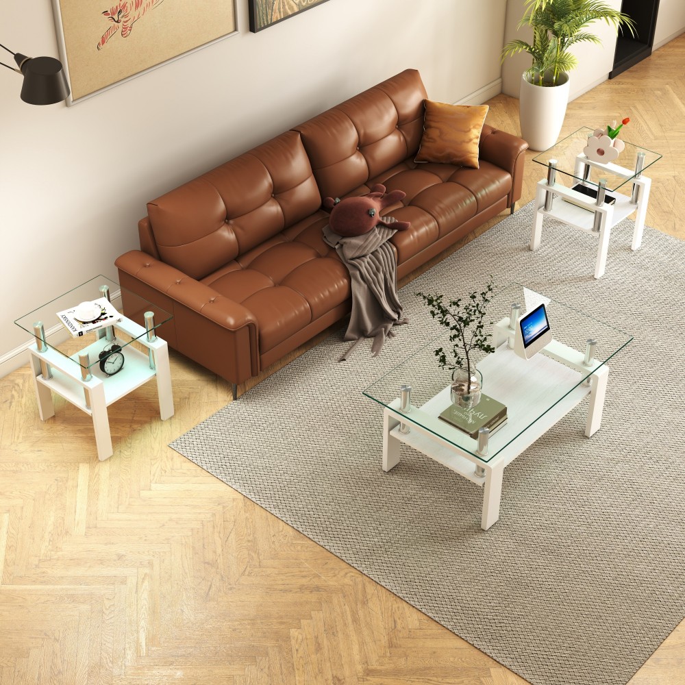 Set of 2 Modern Tempered Glass End Tables - White Square Coffee Table with MDF Shelf for Living Room