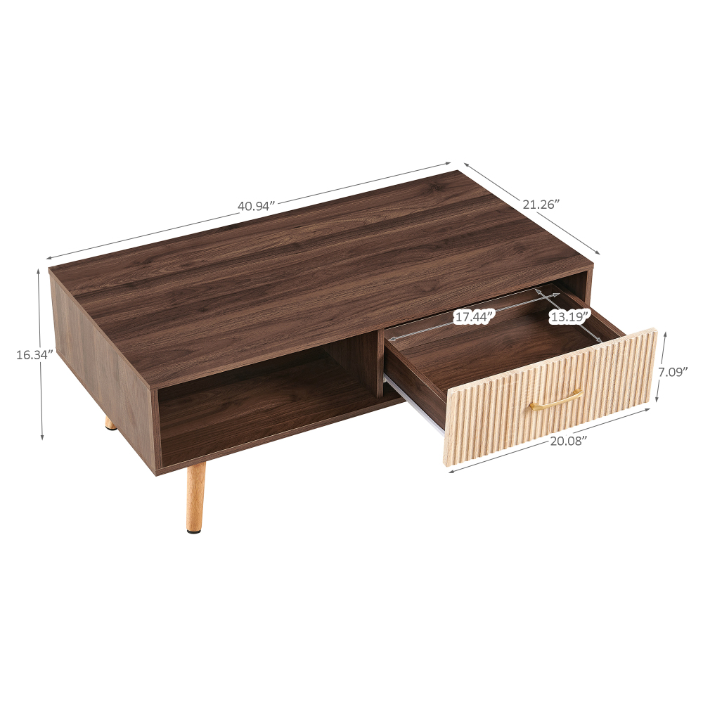 Mid-Century Modern Coffee Table with Sliding Storage Drawer, Walnut Finish Rectangular Living Room Accent Table with Solid Wood Legs