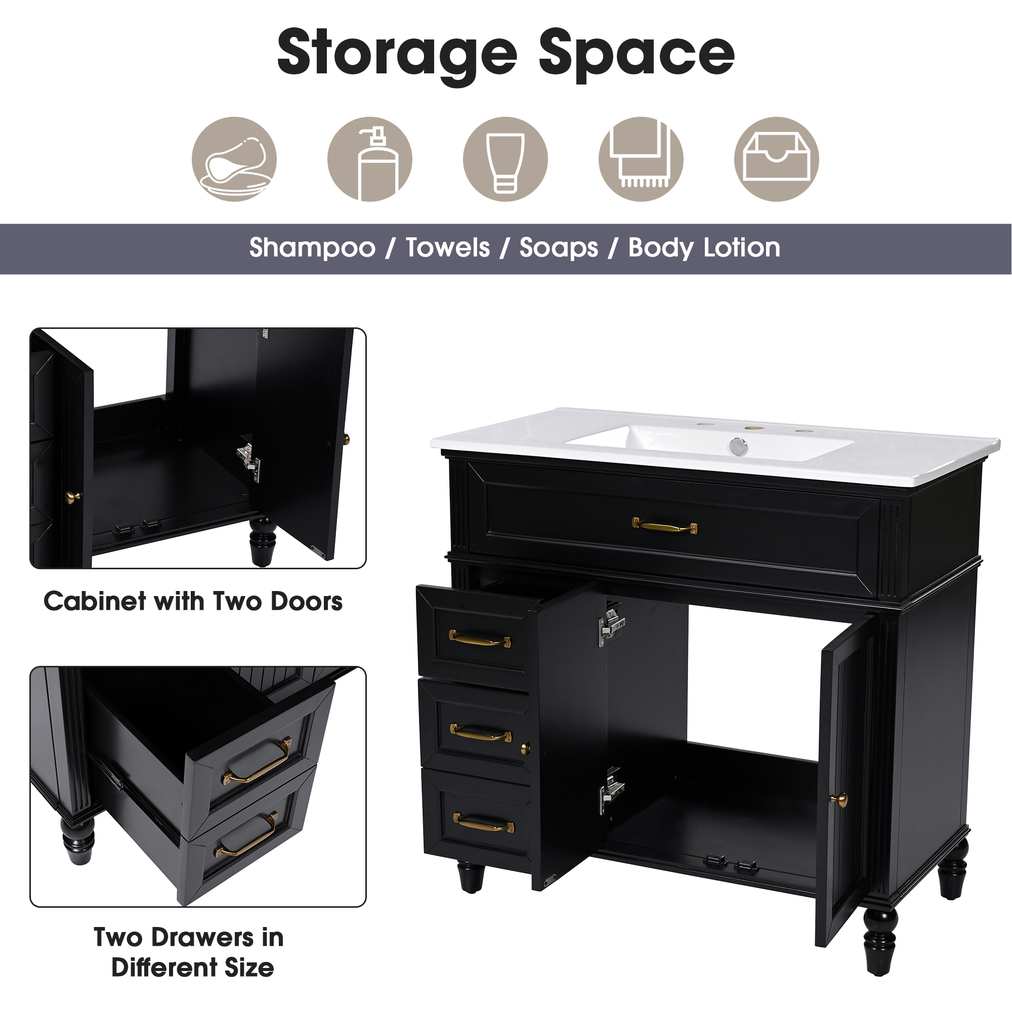 36" Black Bathroom Vanity with Ceramic Sink Top, Vintage Freestanding Cabinet with Soft-Close Drawers & Storage