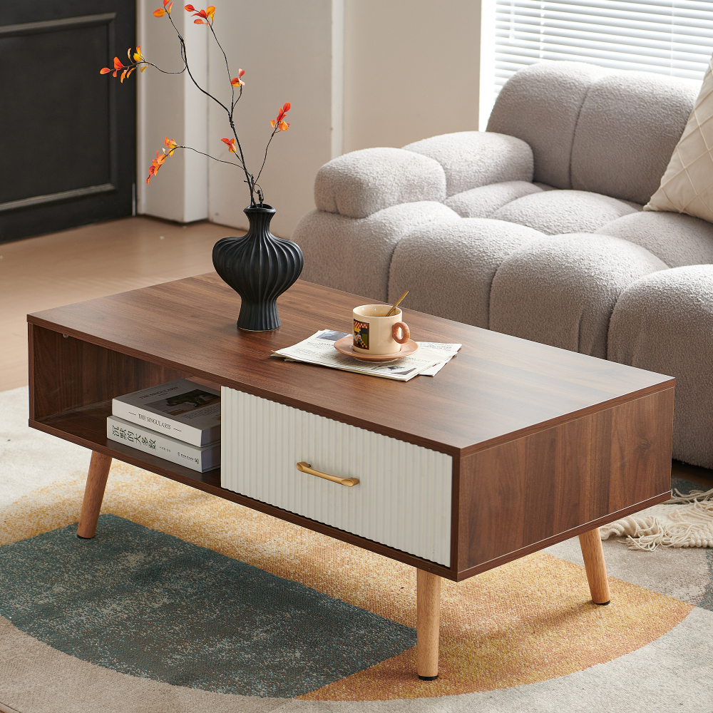 Mid-Century Modern Coffee Table with Sliding Drawer & Open Shelf Storage, Walnut Finish Rectangle Living Room Center Table with Solid Wood Legs