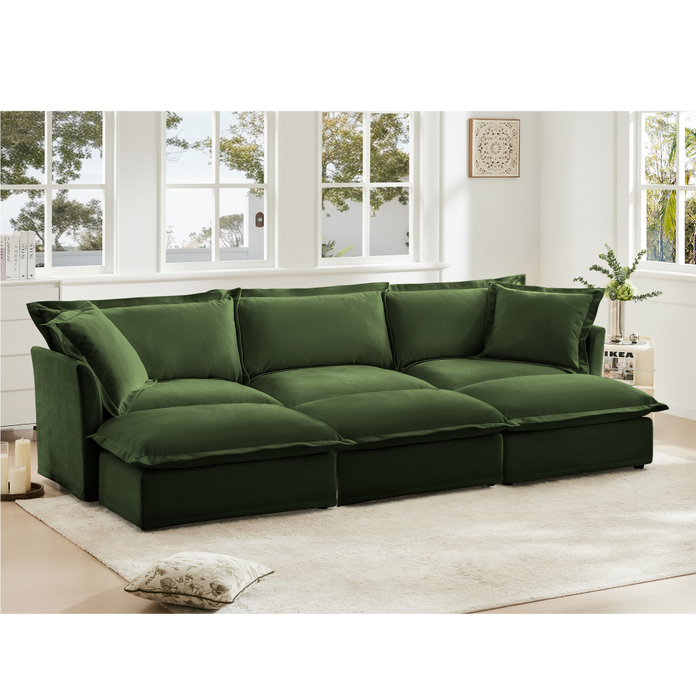 Oversized Modular Chenille Sofa with 3 Ottomans - Deep Seat Green Slipcovered Sectional Couch