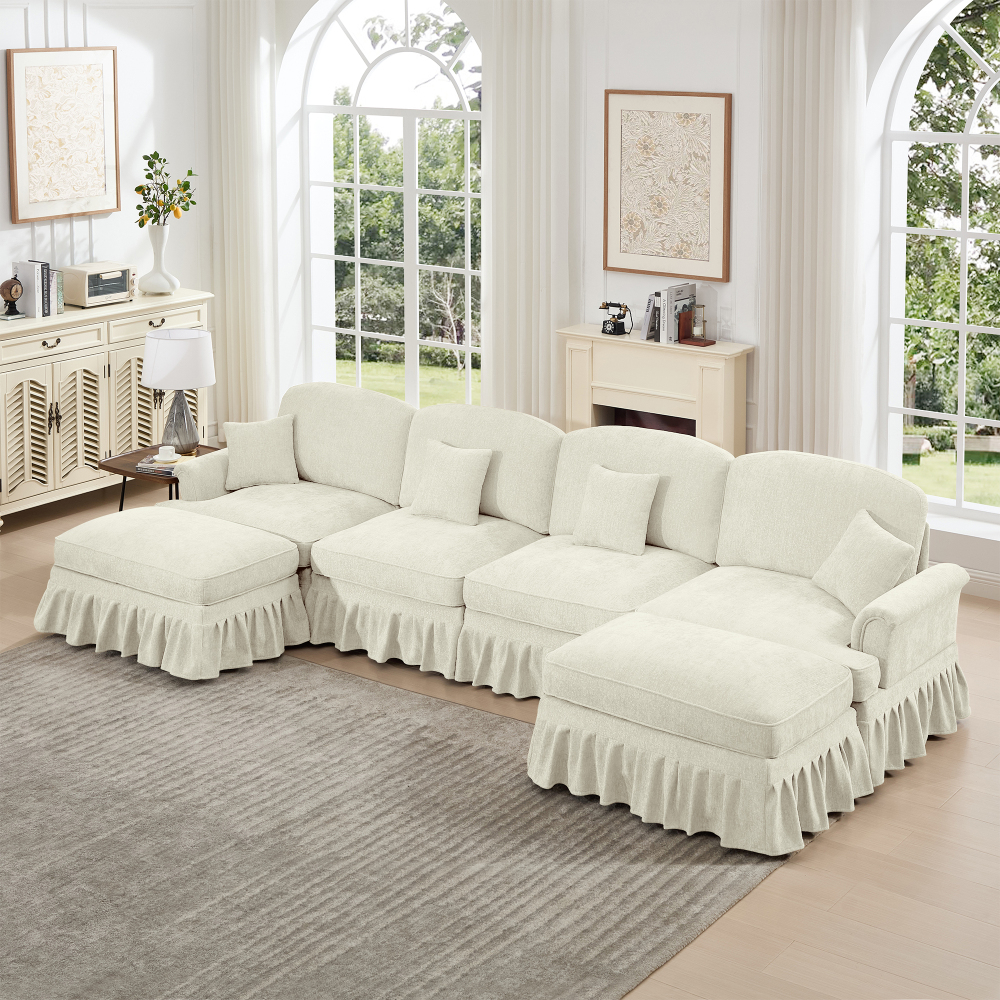 Classic U-Shaped Modular Sectional Sofa with Removable Ruffle Skirt, Deep Seat Chenille Cloud Couch & Movable Ottomans