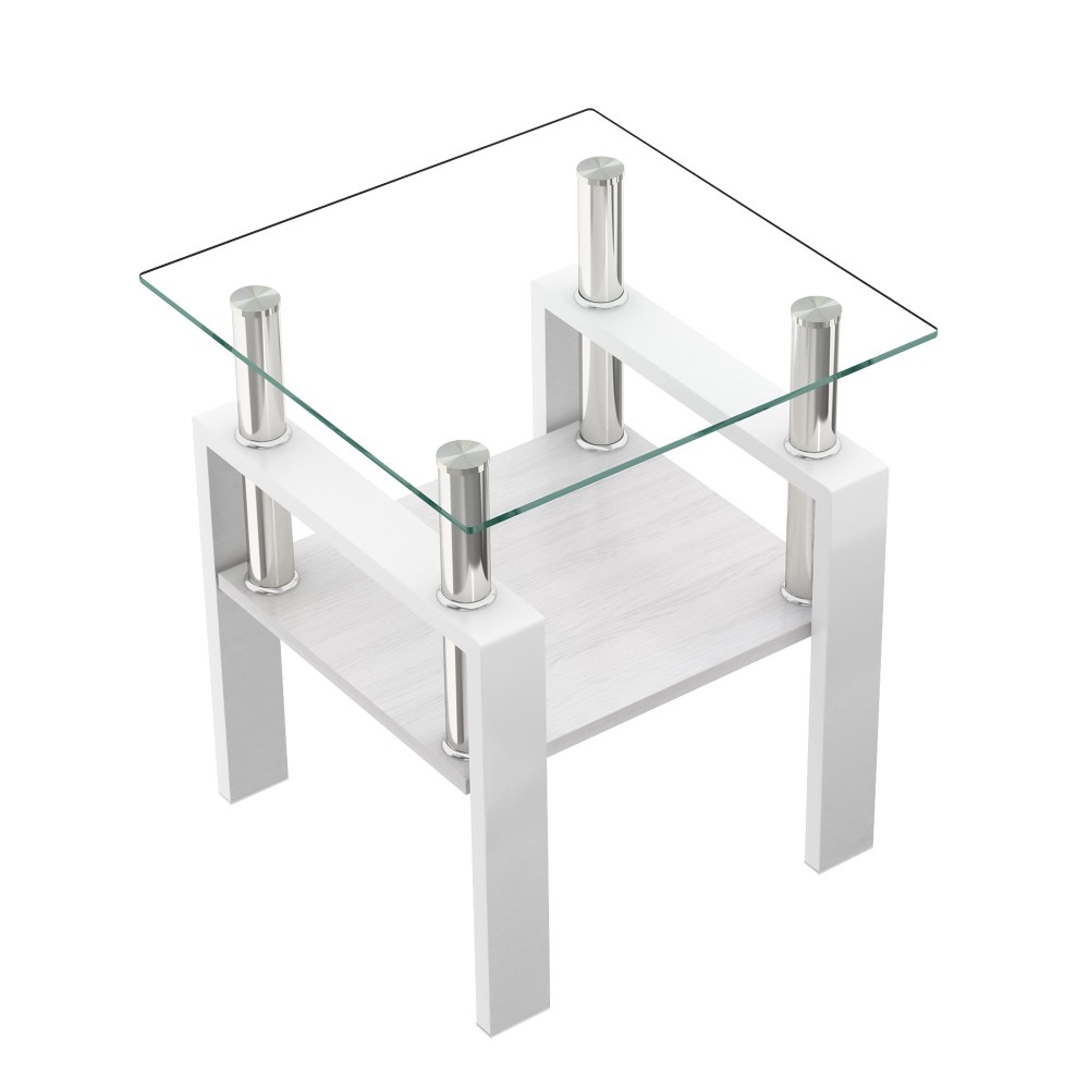 Set of 2 Modern Tempered Glass End Tables - White Square Coffee Table with MDF Shelf for Living Room