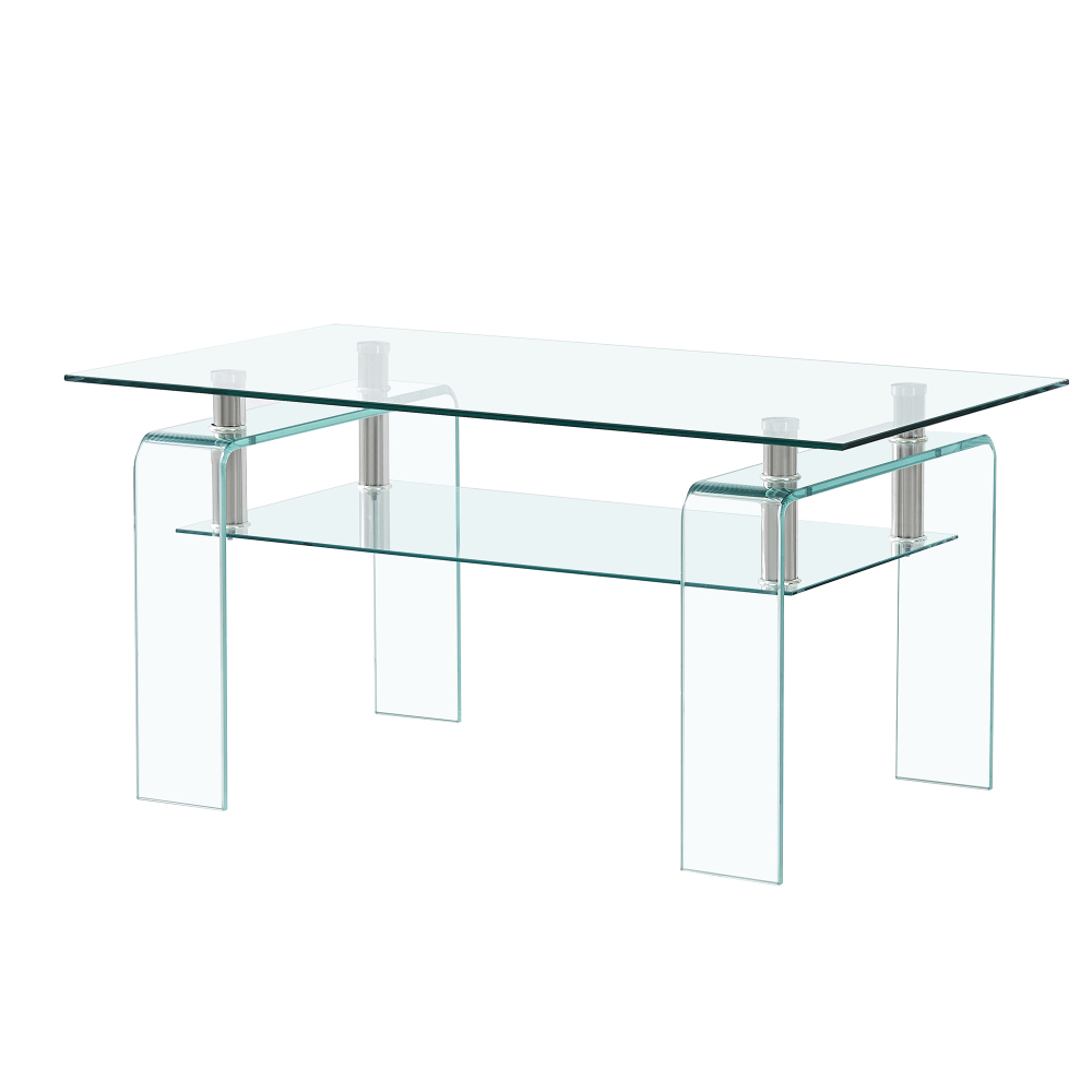 Modern Rectangle Clear Glass Coffee Table with 2-Tier Storage & Tempered Glass Top