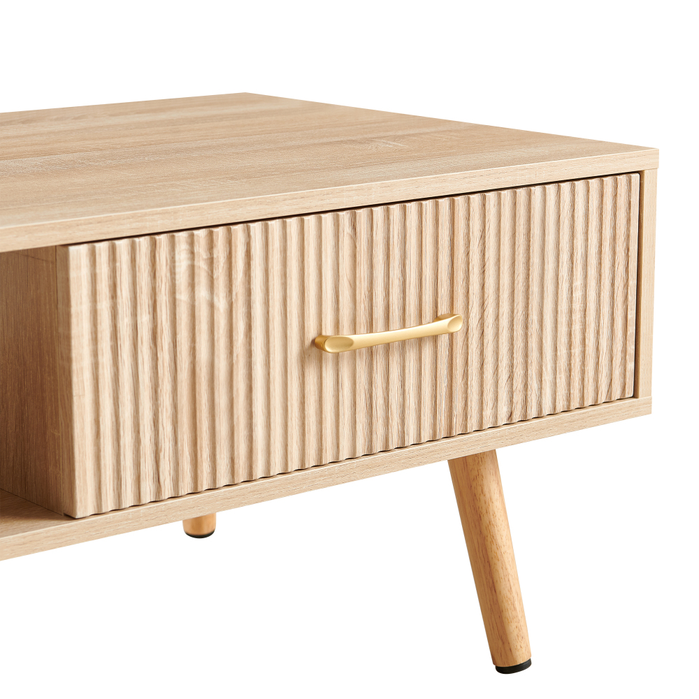 Modern Natural Wood Coffee Table with Sliding Storage Drawer & Solid Wood Legs for Living Room