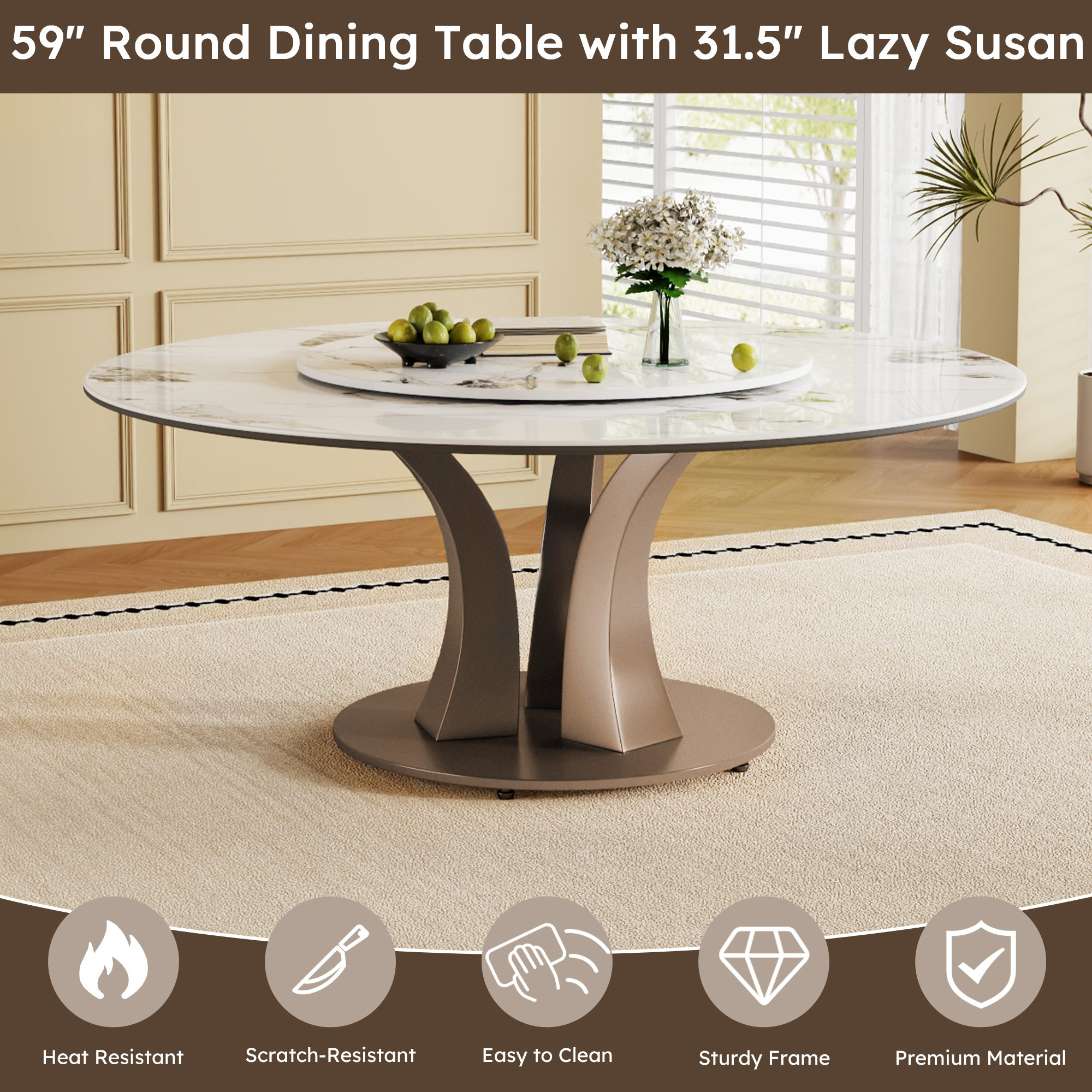 59" Round Dining Table Set with Rotating Lazy Susan - Modern Sintered Stone Top & Industrial Base for 8-10 People