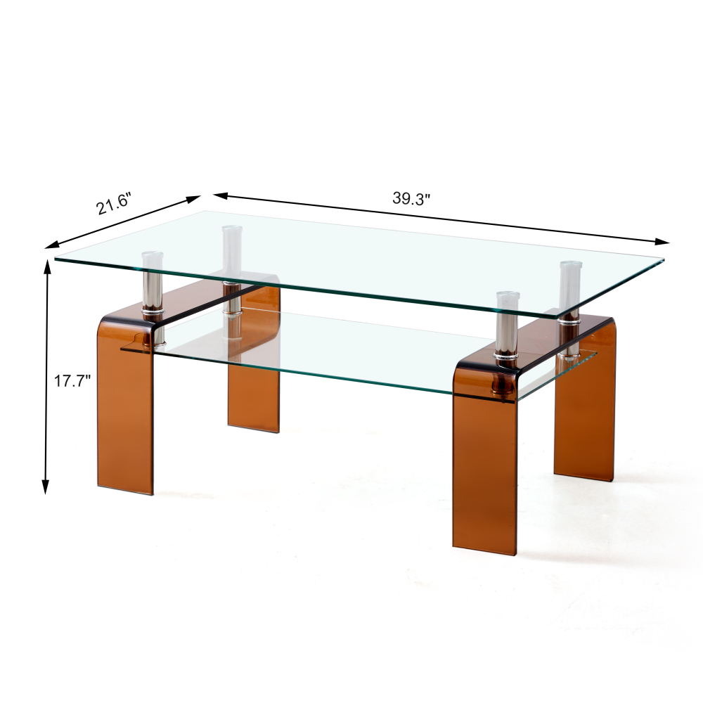 Modern Tempered Glass Coffee Table with Brown Legs - 2-Tier Storage Center for Living Room