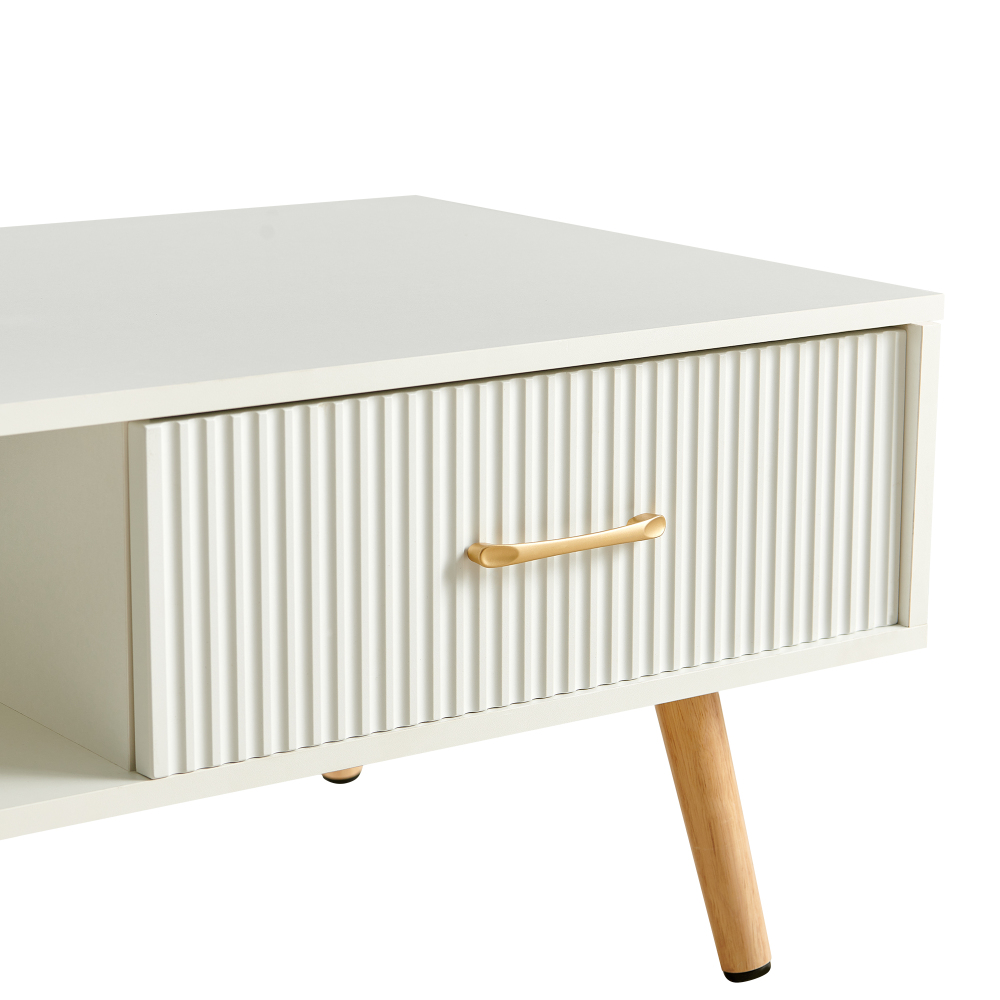 Modern White Rectangle Coffee Table with Solid Wood Legs, Sliding Drawer Storage & Open Shelf for Living Room