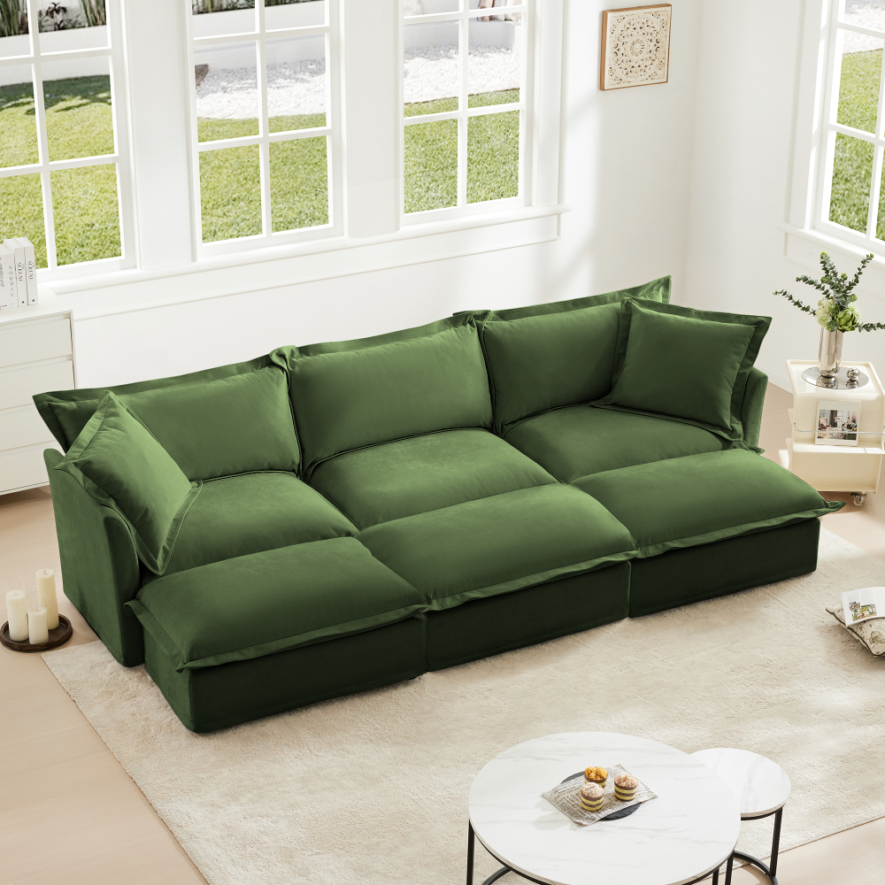 Oversized Modular Chenille Sofa with 3 Ottomans - Deep Seat Green Slipcovered Sectional Couch