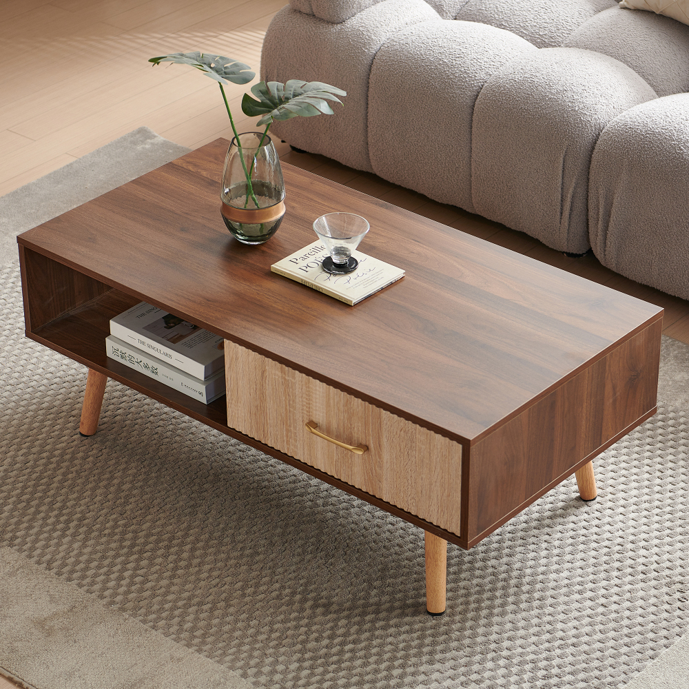 Mid-Century Modern Coffee Table with Sliding Storage Drawer, Walnut Finish Rectangular Living Room Accent Table with Solid Wood Legs