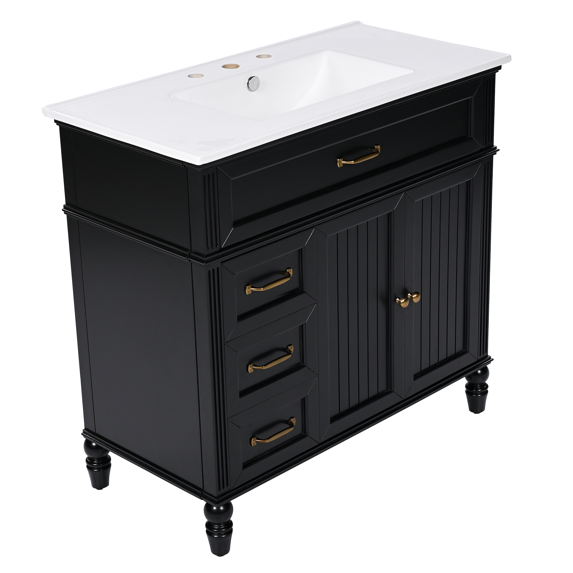 36" Black Bathroom Vanity with Ceramic Sink Top, Vintage Freestanding Cabinet with Soft-Close Drawers & Storage