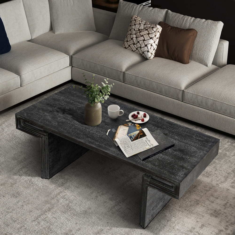 American Vintage Industrial Coffee Table, Premium Reclaimed Wood Texture Rectangular Design, Double-Tier Structure with Rustic Finish, Easy Assembly for Living Room & Office, Antique Black
