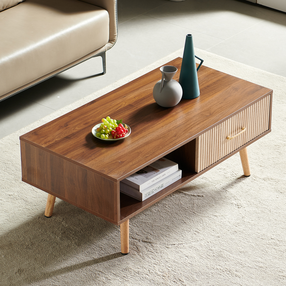 Mid-Century Modern Coffee Table with Sliding Storage Drawer, Walnut Finish Rectangular Living Room Accent Table with Solid Wood Legs