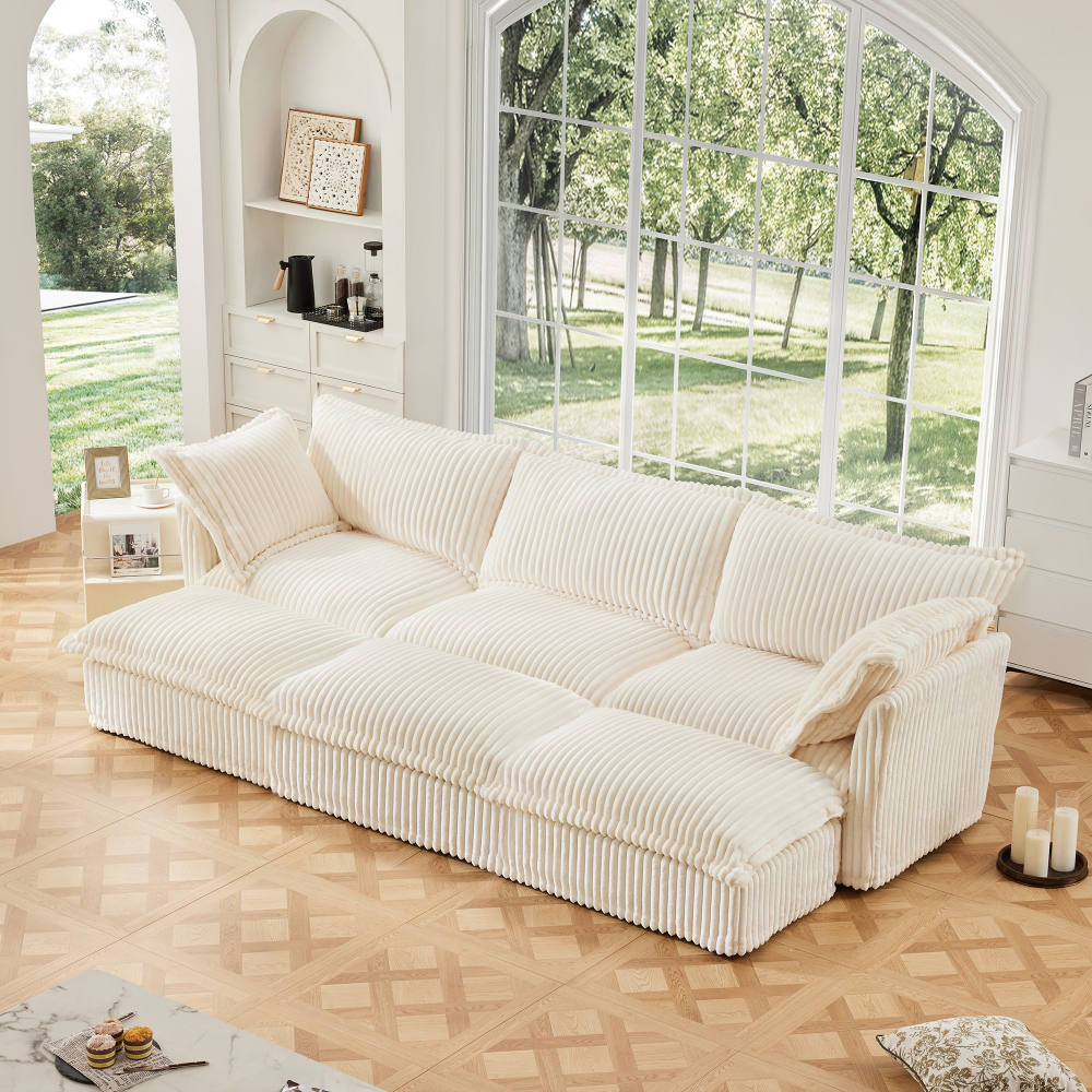 Oversized Corduroy Modular Sofa with 3 Ottomans, Cream Slipcovered 3-Seater Cloud Couch for Living Room
