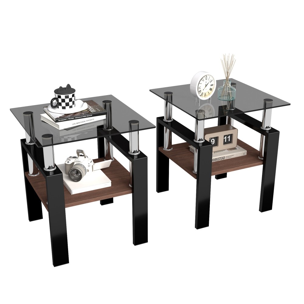 Set of 2 Modern Tempered Glass End Tables with MDF Shelf, Square Coffee Side Tables for Living Room