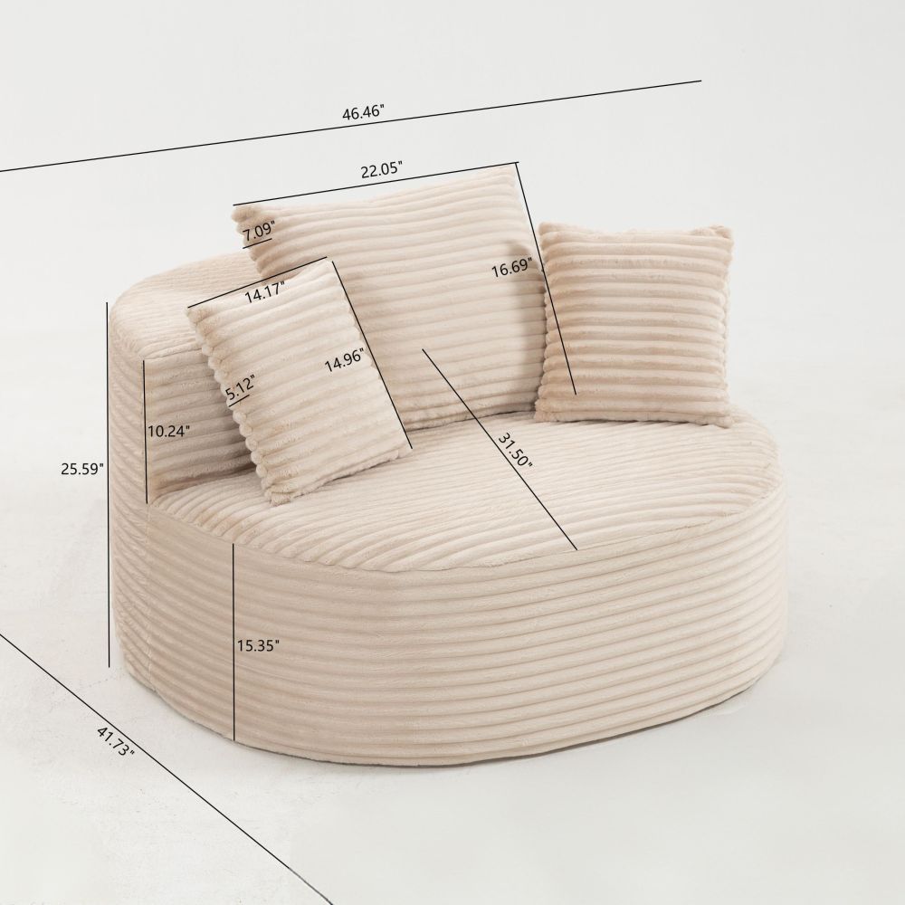 Modern Ribbed Corduroy Lounge Chair - Beige Compressed Round Sofa with Lumbar Pillows for Living Room & Bedroom