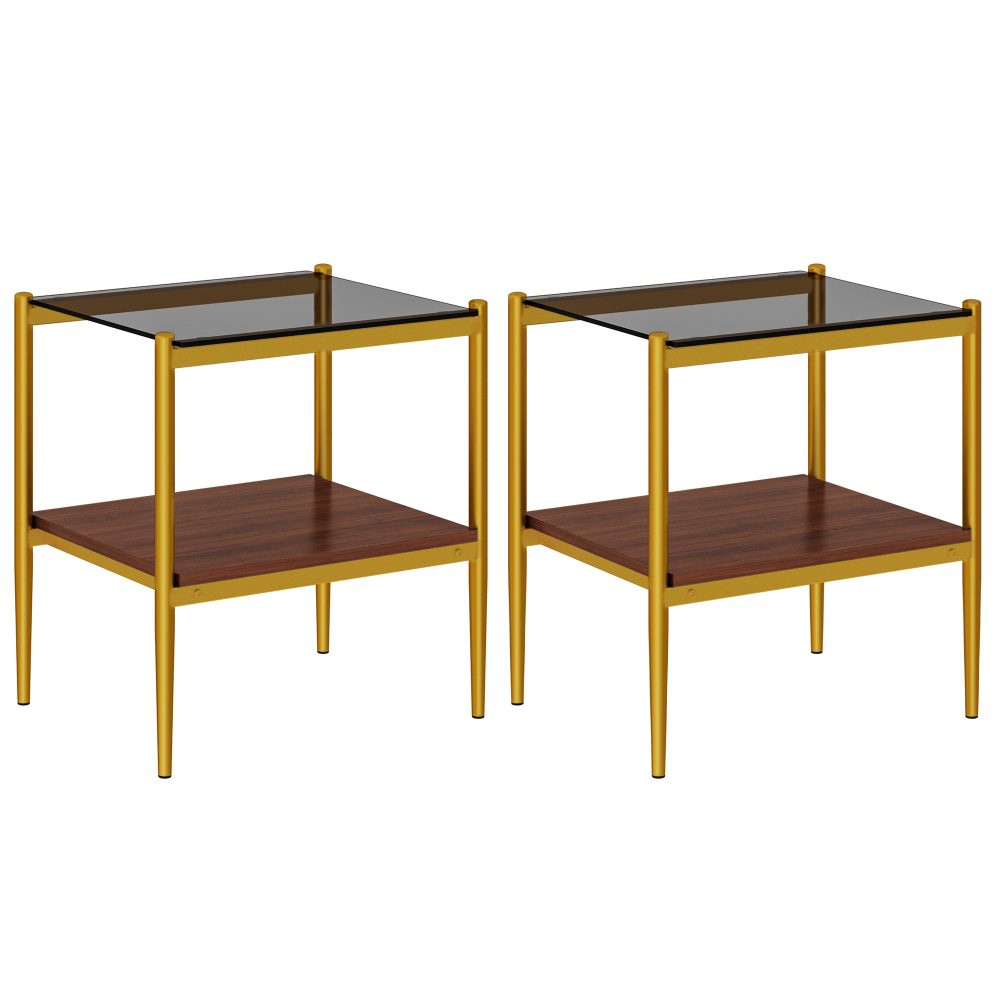 Set of 2 Modern Gold End Tables with Tempered Glass Top and Storage Shelf, Rectangle Side Tables for Living Room