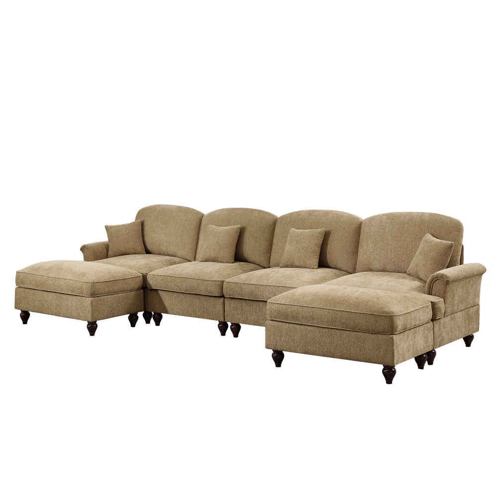 Classic U-Shaped Modular Sectional Sofa with Removable Ruffle Skirt, Deep Seat Chenille Couch with Flared Arms and Spindle Legs, Light Coffee
