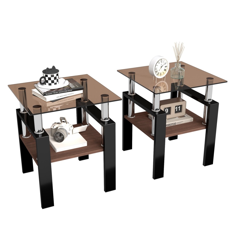 Set of 2 Modern Tempered Glass End Tables - Square Side Tables with MDF Shelf & Metal Legs for Living Room