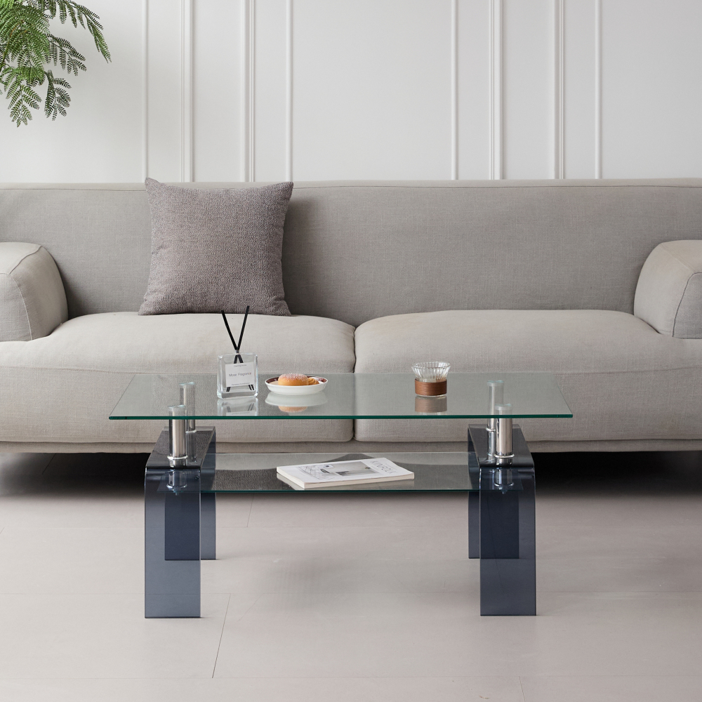 Modern Tempered Glass Coffee Table with Smoke Legs - Contemporary 2-Tier Rectangular Center Table for Living Room