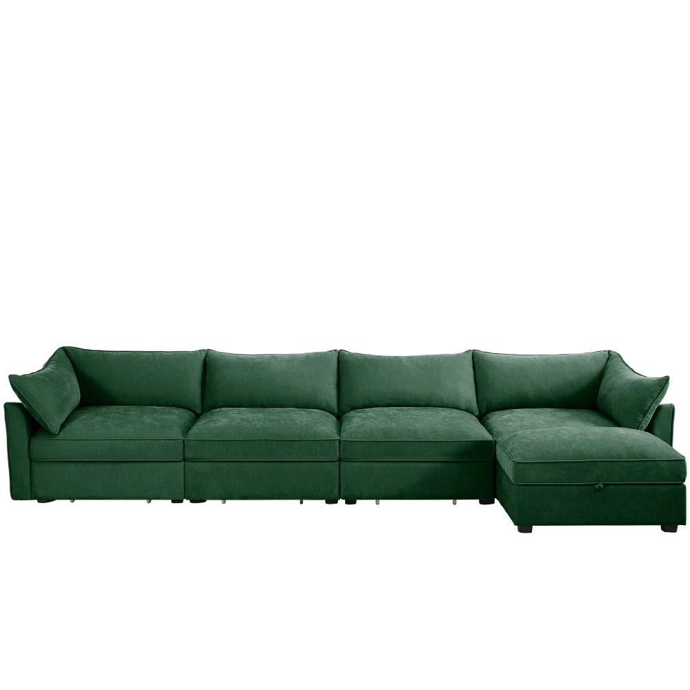 Green Chenille L-Shaped Sectional Sofa, 4-Seat Modular Couch with Movable Ottoman, Crescent Armrests & Wraparound Back Cushions for Living Room