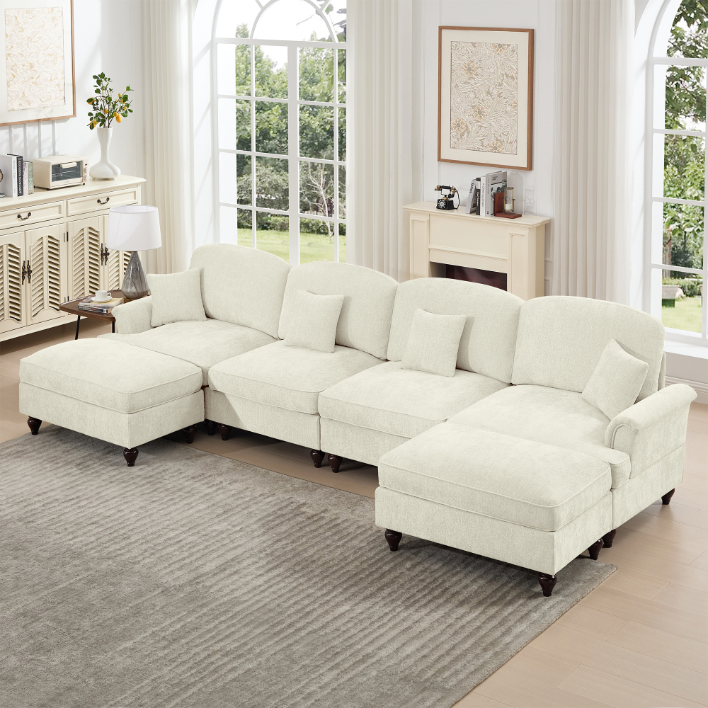 Classic U-Shaped Modular Sectional Sofa with Removable Ruffle Skirt, Deep Seat Chenille Cloud Couch & Movable Ottomans