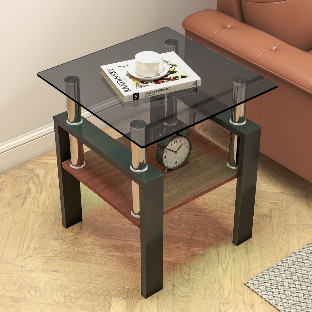 Set of 2 Modern Tempered Glass End Tables with MDF Shelf, Square Coffee Side Tables for Living Room