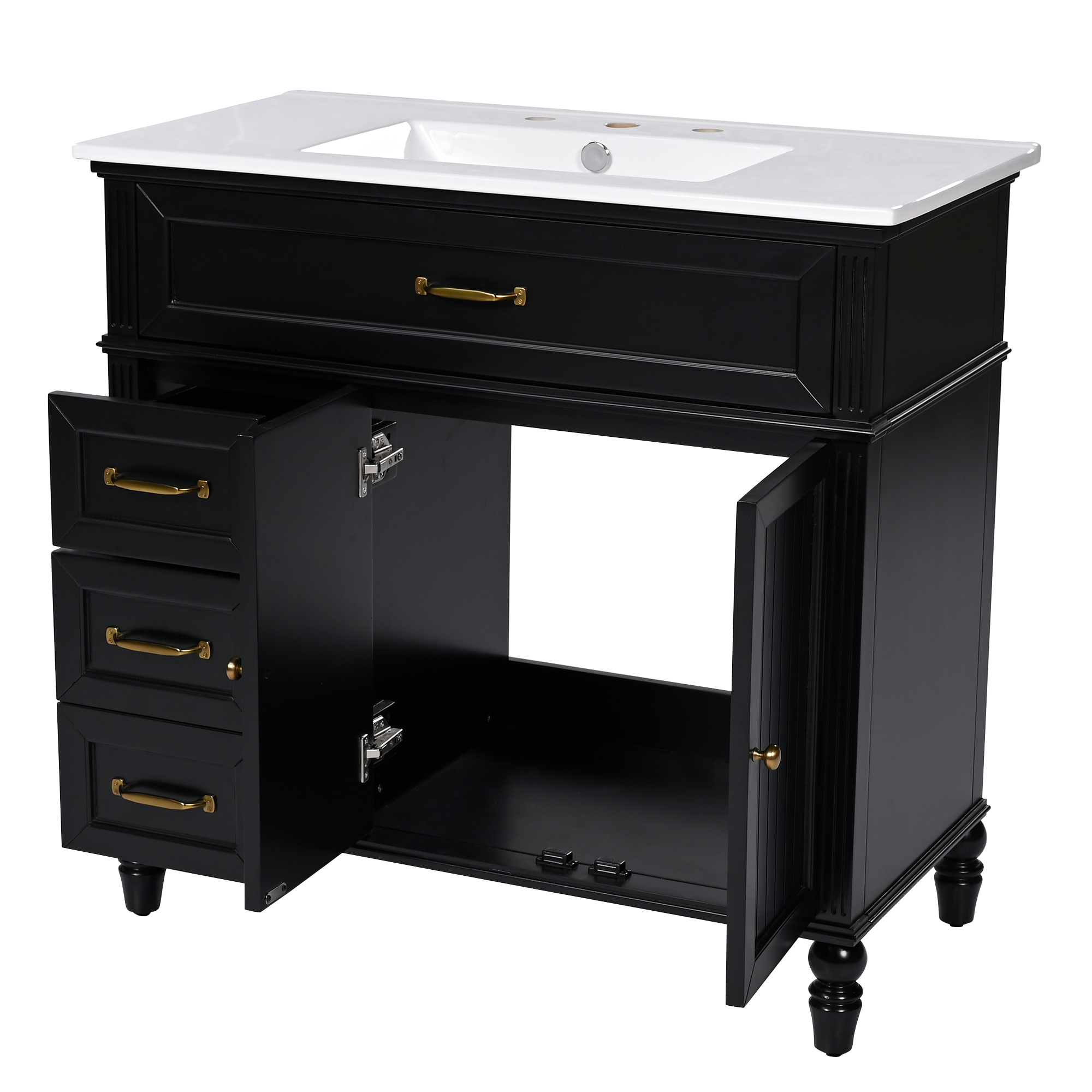 36" Black Bathroom Vanity with Ceramic Sink Top, Vintage Freestanding Cabinet with Soft-Close Drawers & Storage