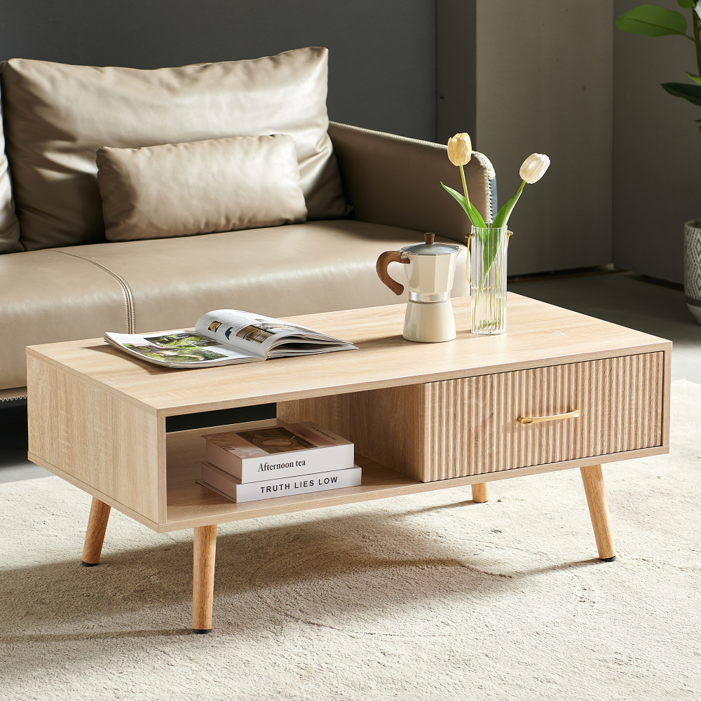 Modern Natural Wood Coffee Table with Sliding Storage Drawer & Solid Wood Legs for Living Room