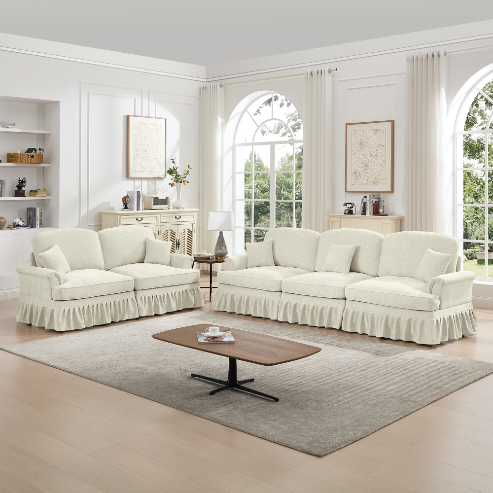 Classic Chenille Modular Sofa Set with Removable Ruffle Skirts, Beige & White 2-Piece Living Room Couch Collection featuring Flared Arms and Spindle Legs