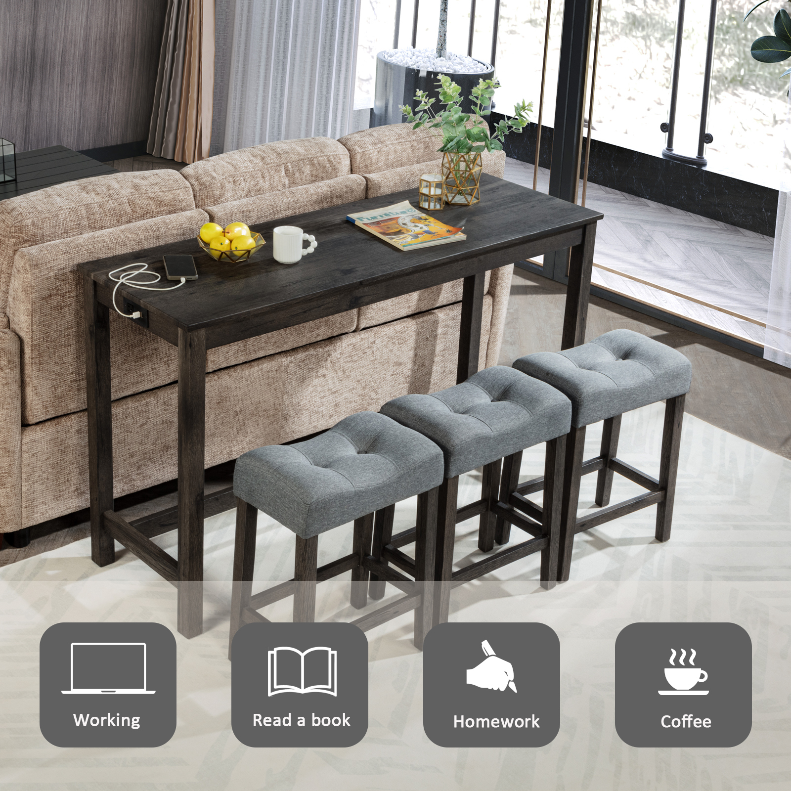 Dark Gray 4-Piece Sofa Bar Table Set with Power Outlet & USB Ports - Behind Couch Console Table with 3 Upholstered Stools for Living Room