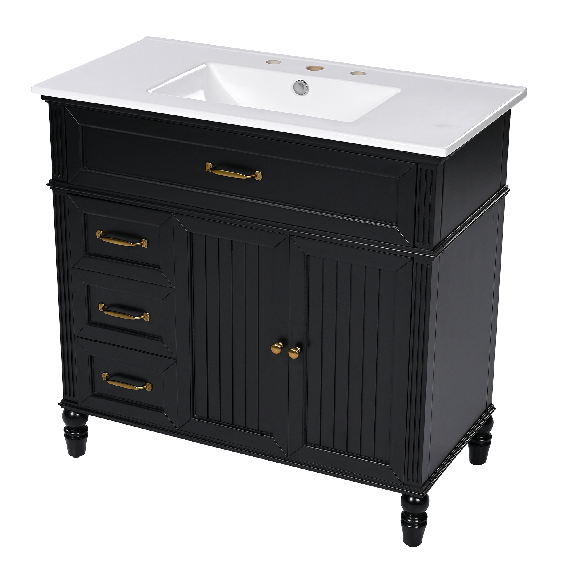36" Black Bathroom Vanity with Ceramic Sink Top, Vintage Freestanding Cabinet with Soft-Close Drawers & Storage