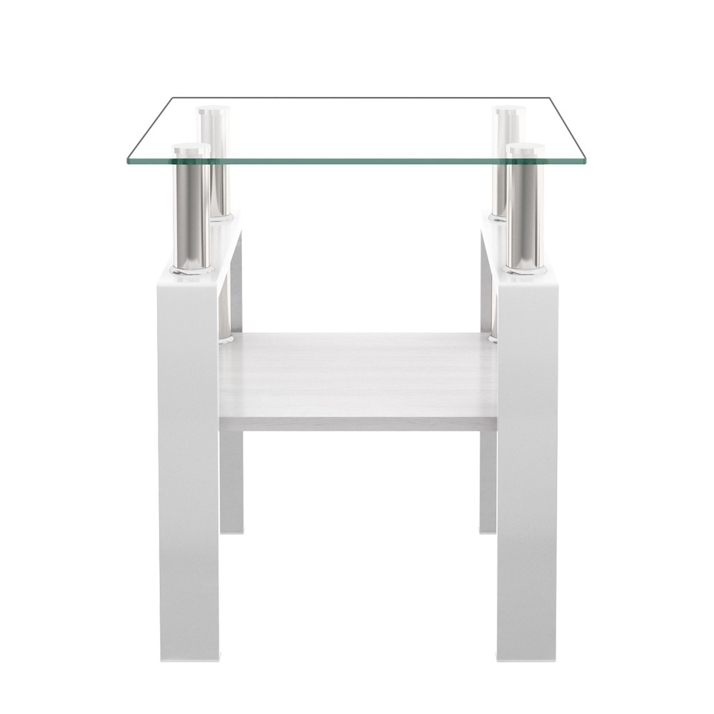 Set of 2 Modern Tempered Glass End Tables - White Square Coffee Table with MDF Shelf for Living Room