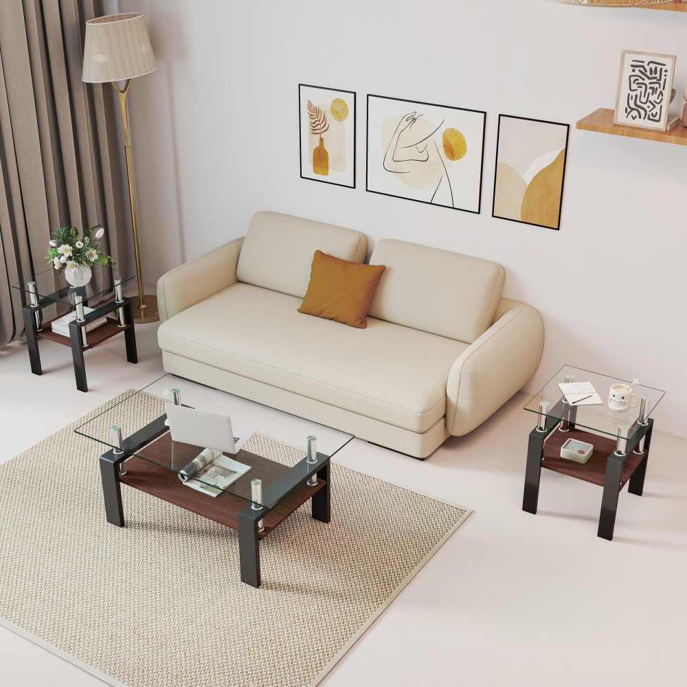 Set of 2 Modern Tempered Glass End Tables with Storage Shelf - Square Coffee Side Tables for Living Room